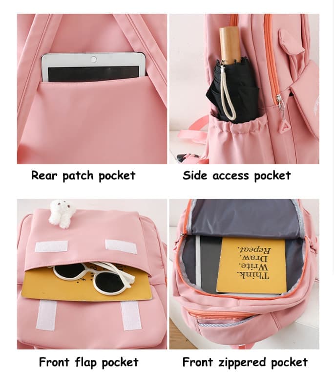 Cute Rabbit Ears School Backpack for Girls 4-Piece, Large Space with Multiple Compartments, Purple