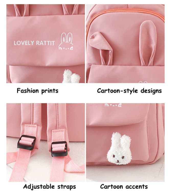 Cute Rabbit Ears Backpack for School Girls, 4-Piece, Large Space with Multiple Compartments, Black
