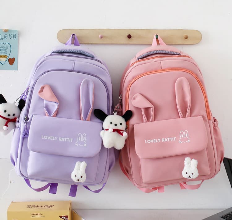 Cute Rabbit Ears Backpack for School Girls, 4-Piece, Large Space with Multiple Compartments, Black