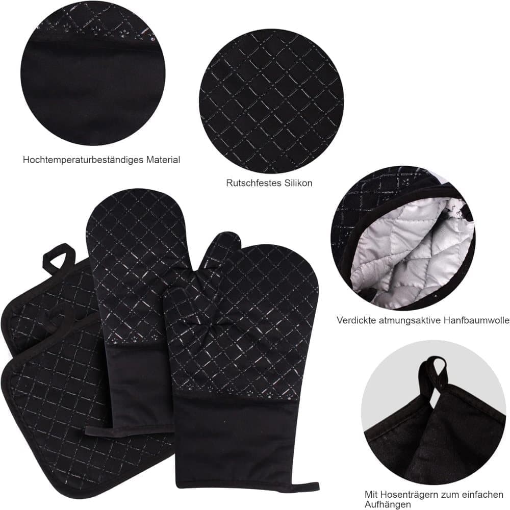 Heat-Resistant Oven Mitts and Grill Gloves 1 Pair, Anti-Slip for Kitchen Cooking Baking, Black