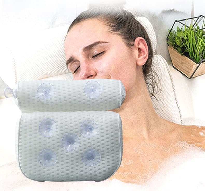 Bathtub Cushion with 7 Suction Cups and 4D Breathable Headrest for Relaxation, White, Compatible with Bathtubs & Massage Tubs