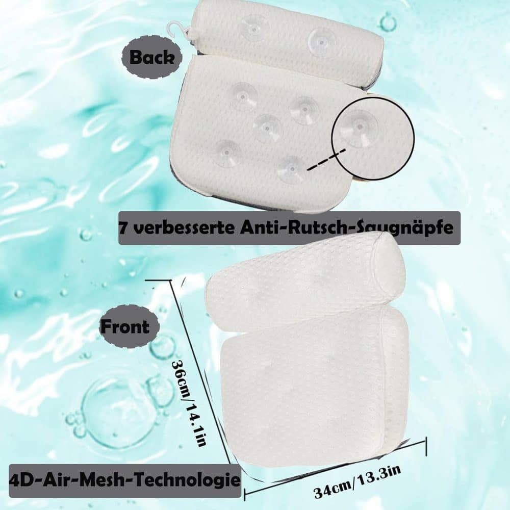 Bathtub Cushion with 7 Suction Cups and 4D Breathable Headrest for Relaxation, White, Compatible with Bathtubs & Massage Tubs