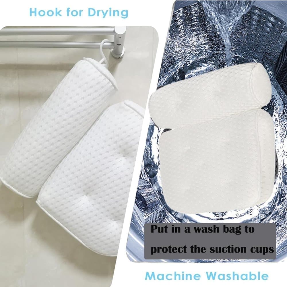 Bathtub Cushion with 7 Suction Cups and 4D Breathable Headrest for Relaxation, White, Compatible with Bathtubs & Massage Tubs