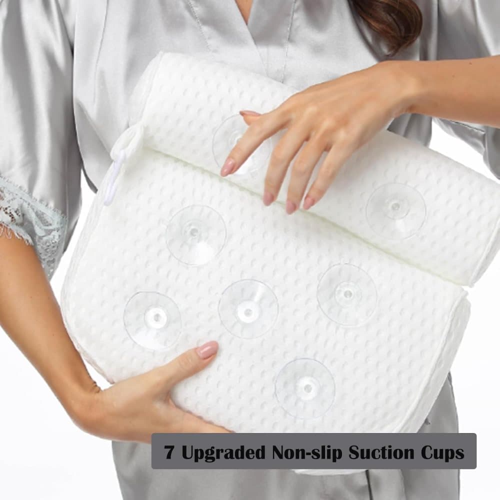 Bathtub Cushion with 7 Suction Cups and 4D Breathable Headrest for Relaxation, White, Compatible with Bathtubs & Massage Tubs