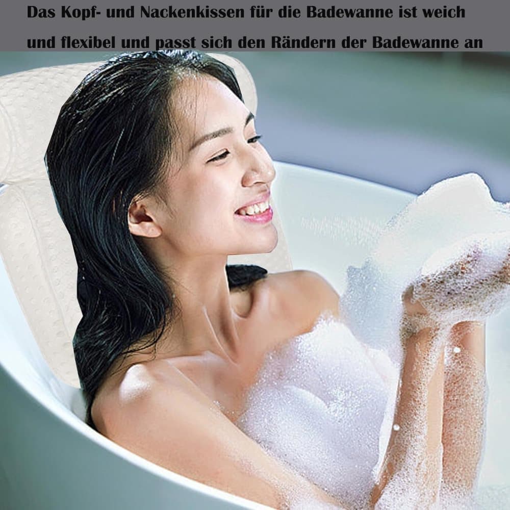 Bathtub Cushion with 7 Suction Cups and 4D Breathable Headrest for Relaxation, White, Compatible with Bathtubs & Massage Tubs