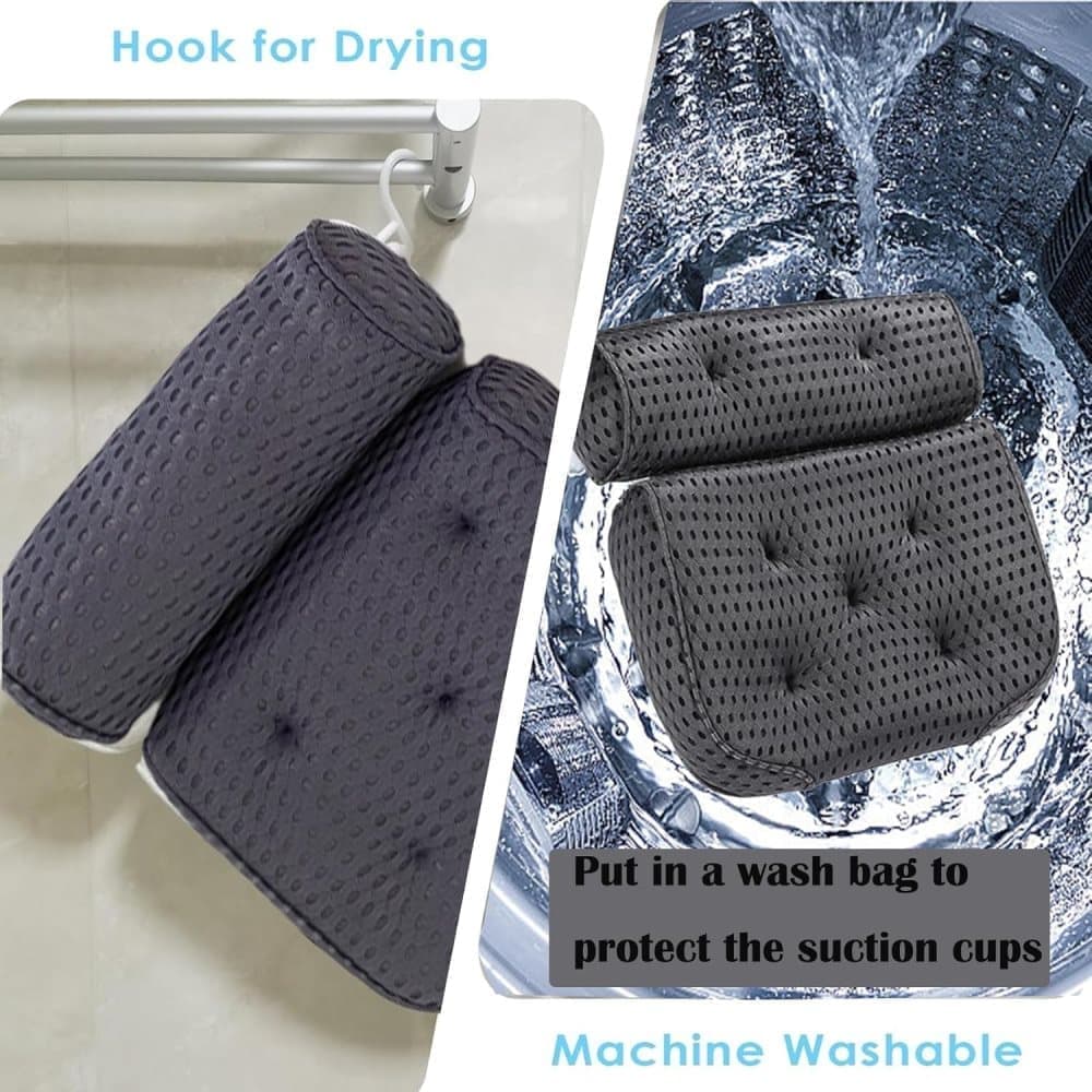 Bathtub Cushion with 7 Suction Cups, 4D Breathable Headrest for Relaxation, Compatible with Bathtubs & Massage Tubs, Gray