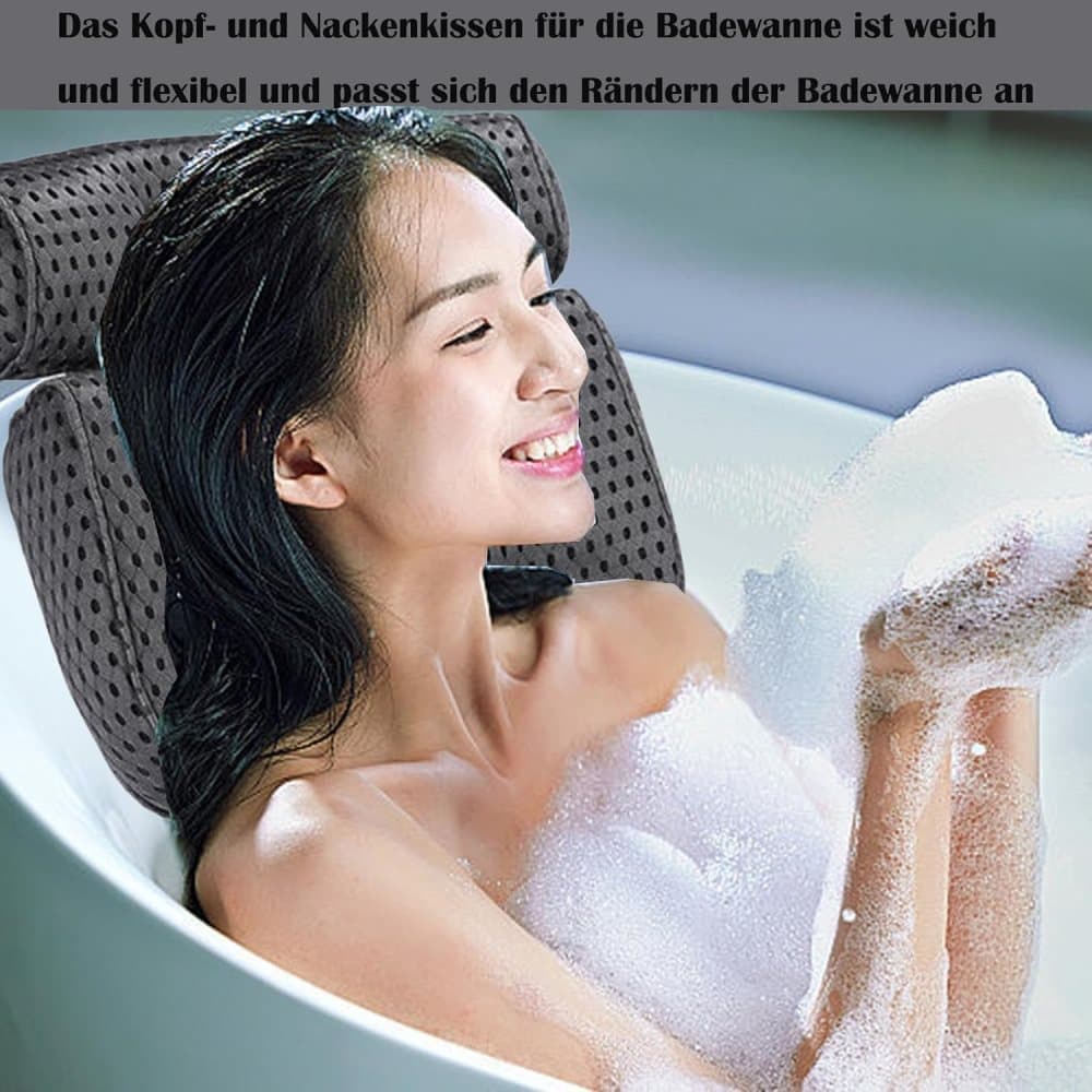 Bathtub Cushion with 7 Suction Cups, 4D Breathable Headrest for Relaxation, Compatible with Bathtubs & Massage Tubs, Gray