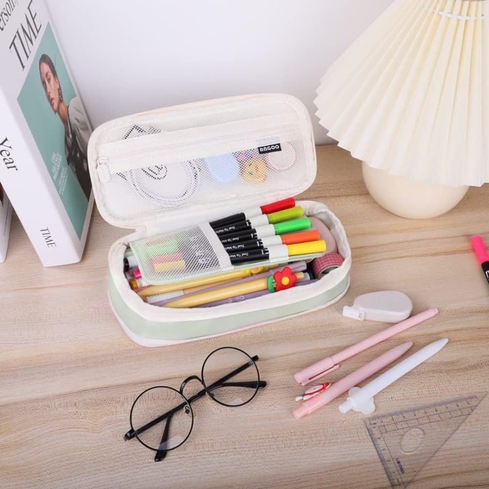 Foldable Multifunctional Pencil Case with Zipper Large Capacity Travel Organizer, Green