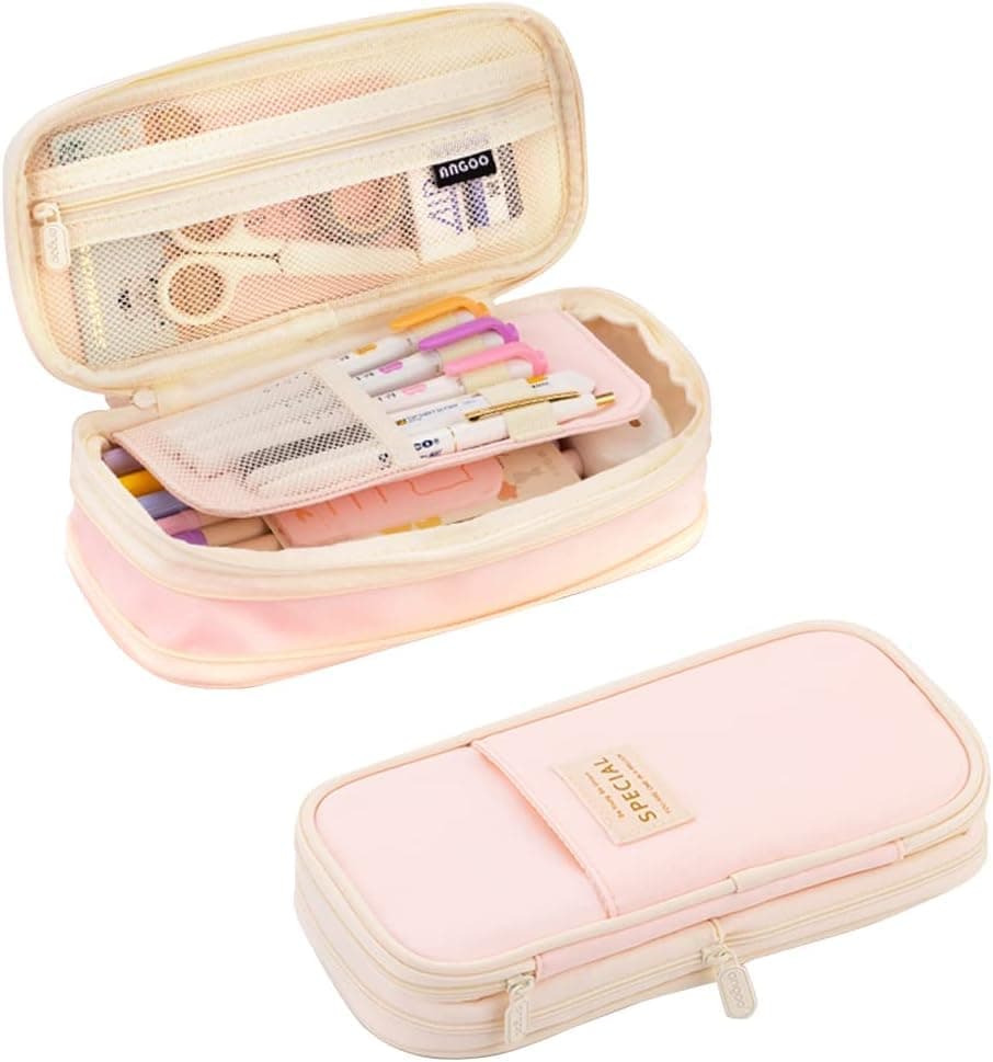 Pink Foldable Multifunctional Pencil Case with Zipper, Large Capacity Travel Pencil Case