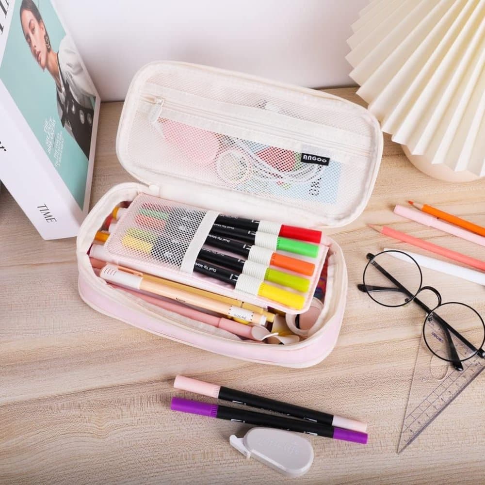 Pink Foldable Multifunctional Pencil Case with Zipper, Large Capacity Travel Pencil Case