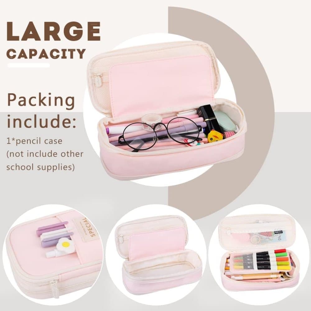 Pink Foldable Multifunctional Pencil Case with Zipper, Large Capacity Travel Pencil Case