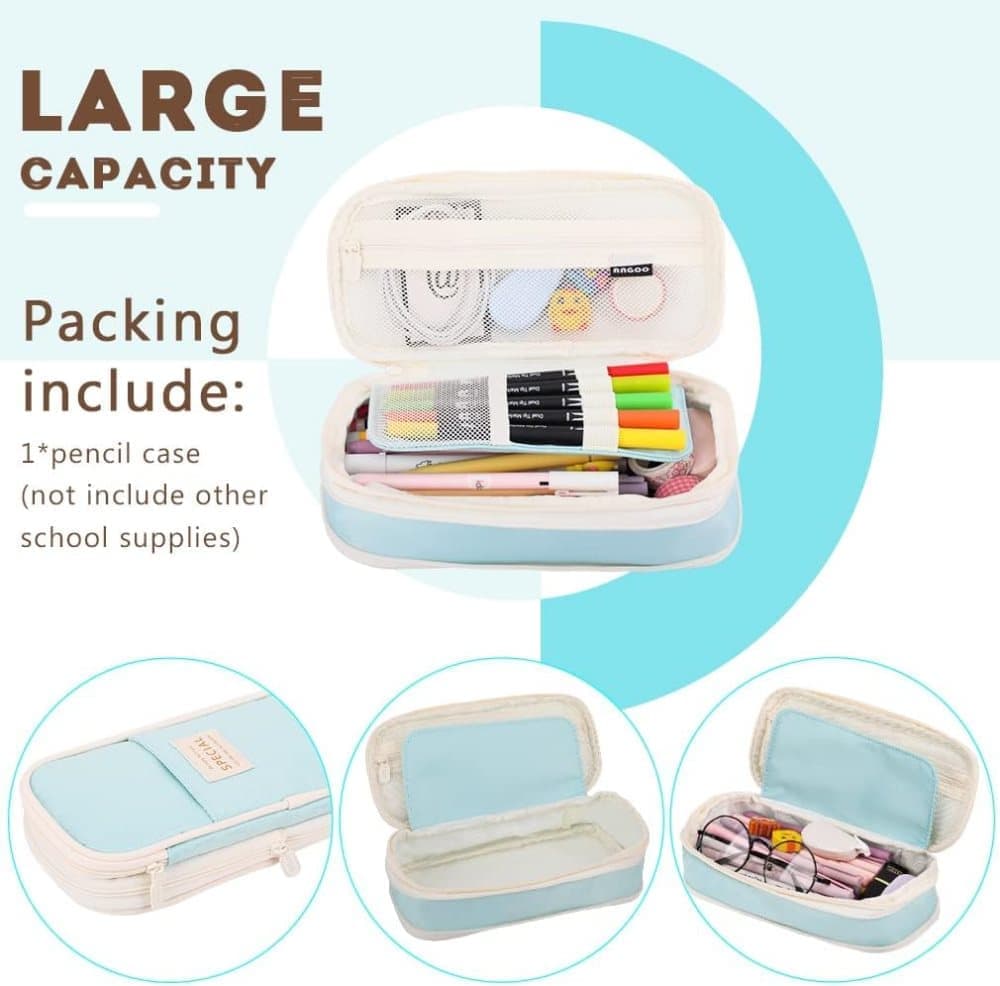 Blue Foldable Multifunctional Zipper Pencil Case, Large Capacity Travel Organizer