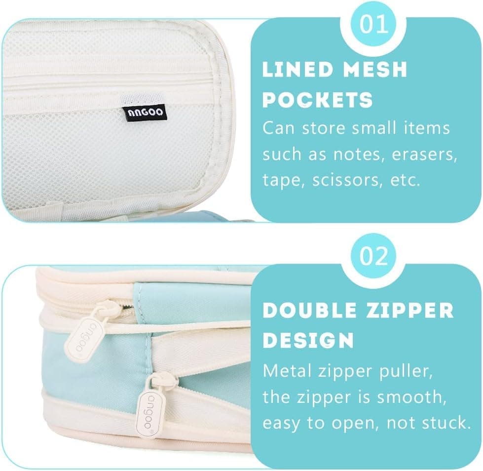 Blue Foldable Multifunctional Zipper Pencil Case, Large Capacity Travel Organizer