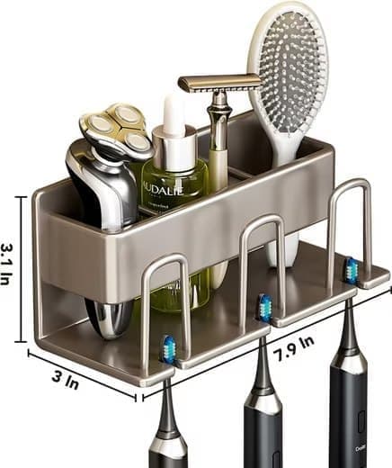 3-Piece Toothbrush Holder with Cup, Wall Mounted No Drilling Aluminum, Compatible with Oral-B, Light Gray