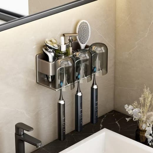 3-Piece Toothbrush Holder with Cup, Wall Mounted No Drilling Aluminum, Compatible with Oral-B, Light Gray