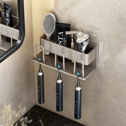 3-Piece Toothbrush Holder with Cup, Wall Mounted No Drilling Aluminum, Compatible with Oral-B, Light Gray