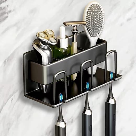 3-Piece Toothbrush Holder with Cup, Wall Mount No Drilling, Aluminum, Compatible with Oral-B, Black