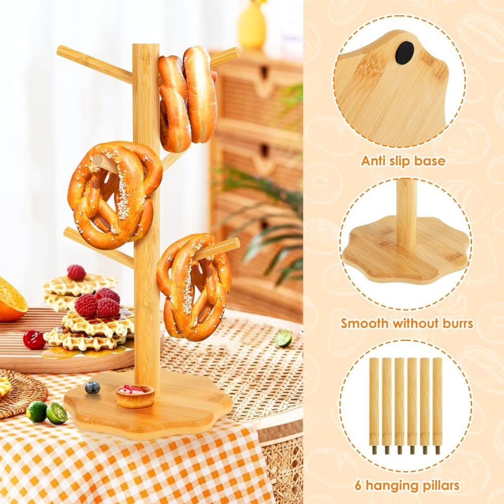 1-pack Wooden Pretzel Stand Tree-Shaped for Restaurant Cafe Bar Kitchen Decoration, Brown, Bamboo