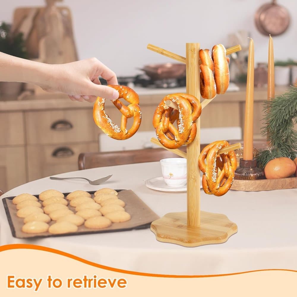 1-pack Wooden Pretzel Stand Tree-Shaped for Restaurant Cafe Bar Kitchen Decoration, Brown, Bamboo