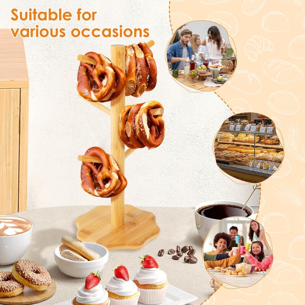 1-pack Wooden Pretzel Stand Tree-Shaped for Restaurant Cafe Bar Kitchen Decoration, Brown, Bamboo