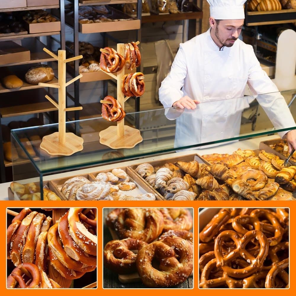 1-pack Wooden Pretzel Stand Tree-Shaped for Restaurant Cafe Bar Kitchen Decoration, Brown, Bamboo