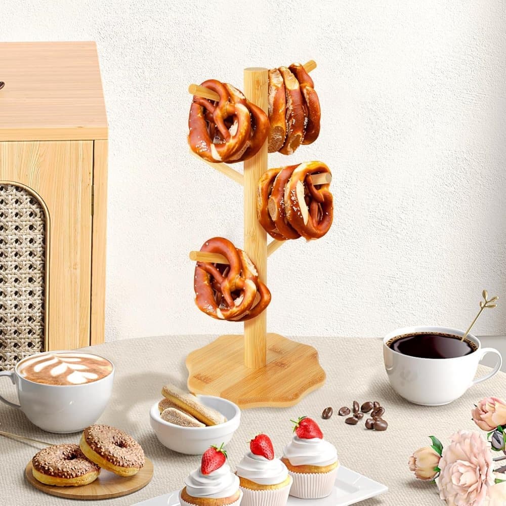 1-pack Wooden Pretzel Stand Tree-Shaped for Restaurant Cafe Bar Kitchen Decoration, Brown, Bamboo