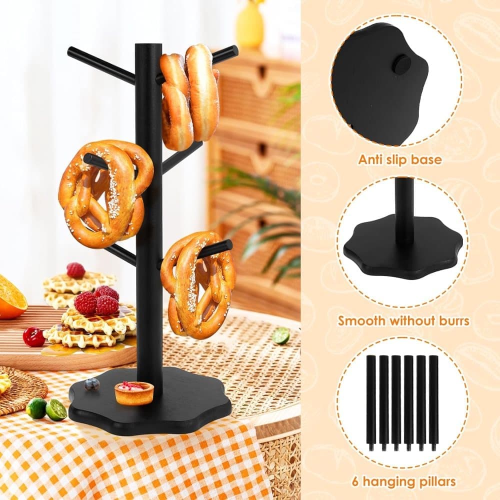 1-Pack Black Tree-Shaped Wooden Pretzel Stand, Bamboo, for Restaurant Cafe Bar Kitchen Decoration, Compatible with Pretzels