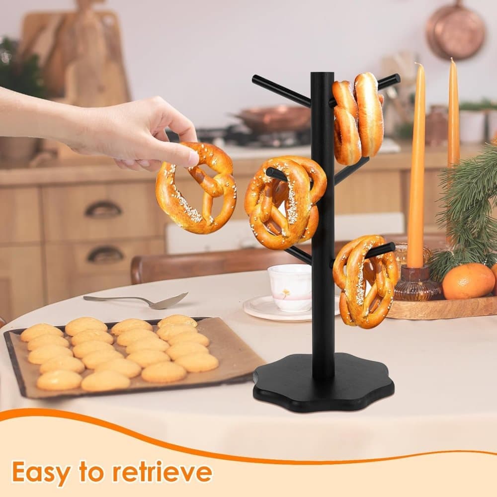 1-Pack Black Tree-Shaped Wooden Pretzel Stand, Bamboo, for Restaurant Cafe Bar Kitchen Decoration, Compatible with Pretzels