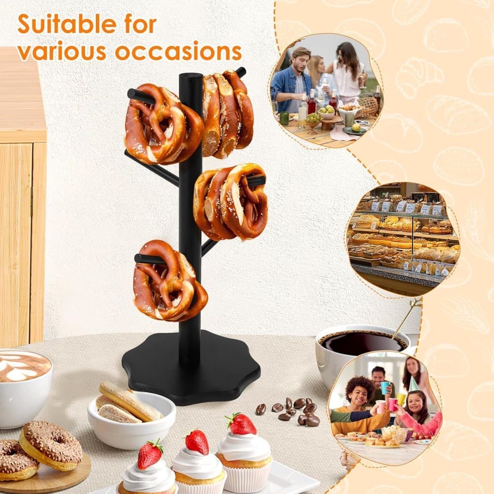 1-Pack Black Tree-Shaped Wooden Pretzel Stand, Bamboo, for Restaurant Cafe Bar Kitchen Decoration, Compatible with Pretzels