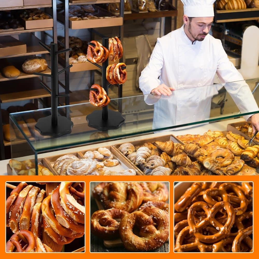 1-Pack Black Tree-Shaped Wooden Pretzel Stand, Bamboo, for Restaurant Cafe Bar Kitchen Decoration, Compatible with Pretzels