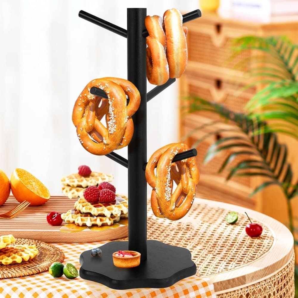 1-Pack Black Tree-Shaped Wooden Pretzel Stand, Bamboo, for Restaurant Cafe Bar Kitchen Decoration, Compatible with Pretzels