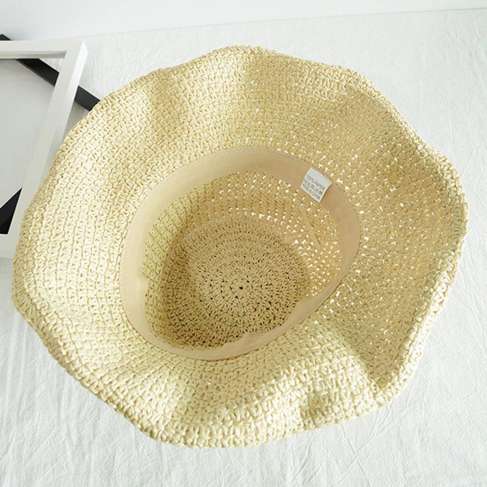 Women's Foldable Sun Hat Braided Wide Brim Beach Hat, Light and Breathable, 57-59 cm, Beige
