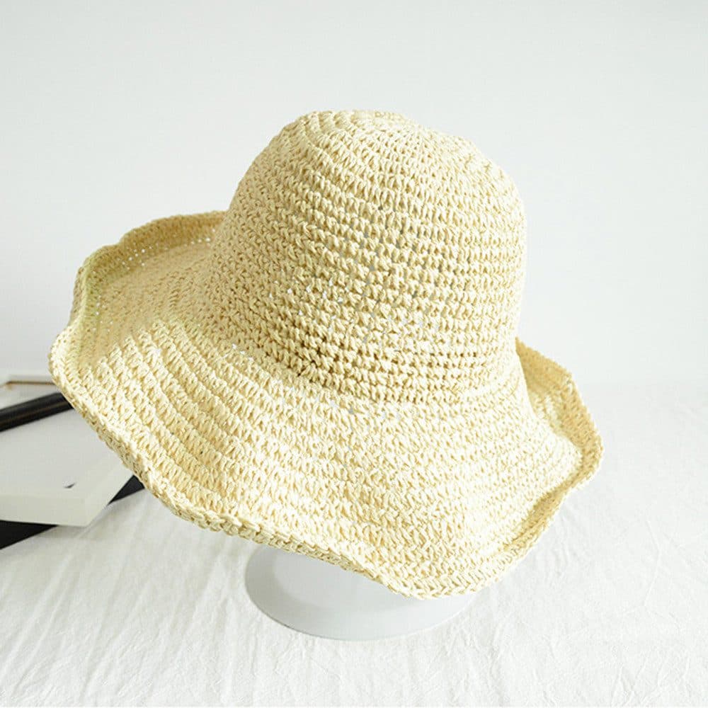 Women's Foldable Sun Hat Braided Wide Brim Beach Hat, Light and Breathable, 57-59 cm, Beige