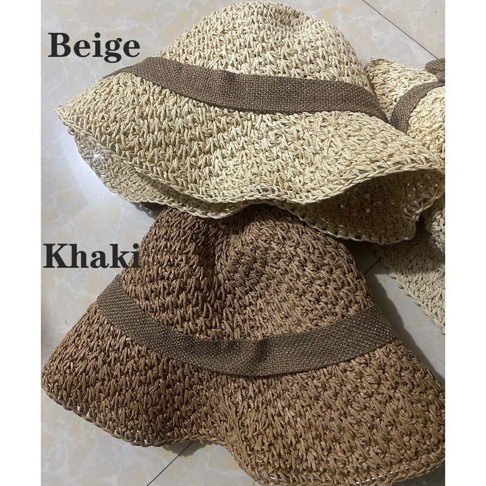 Women's Foldable Sun Hat Braided Wide Brim Beach Hat, Light and Breathable, 57-59 cm, Beige