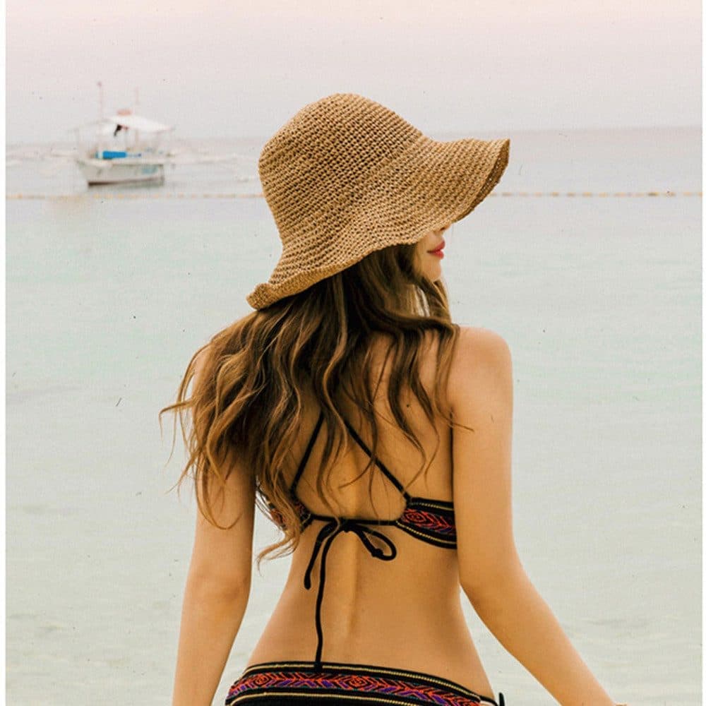Women's Foldable Sun Hat Braided Wide Brim Beach Hat, Light and Breathable, 57-59 cm, Brown