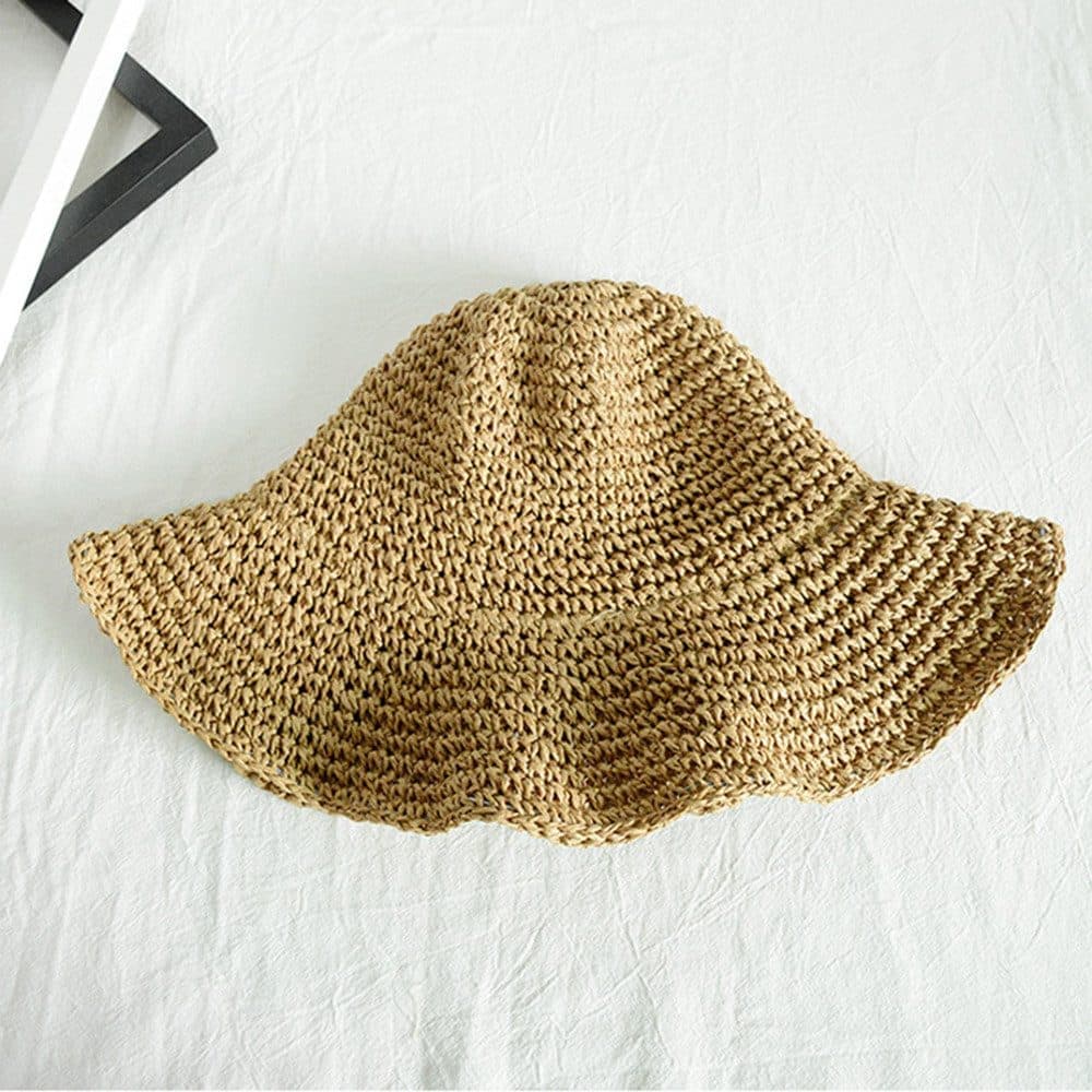 Women's Foldable Sun Hat Braided Wide Brim Beach Hat, Light and Breathable, 57-59 cm, Brown