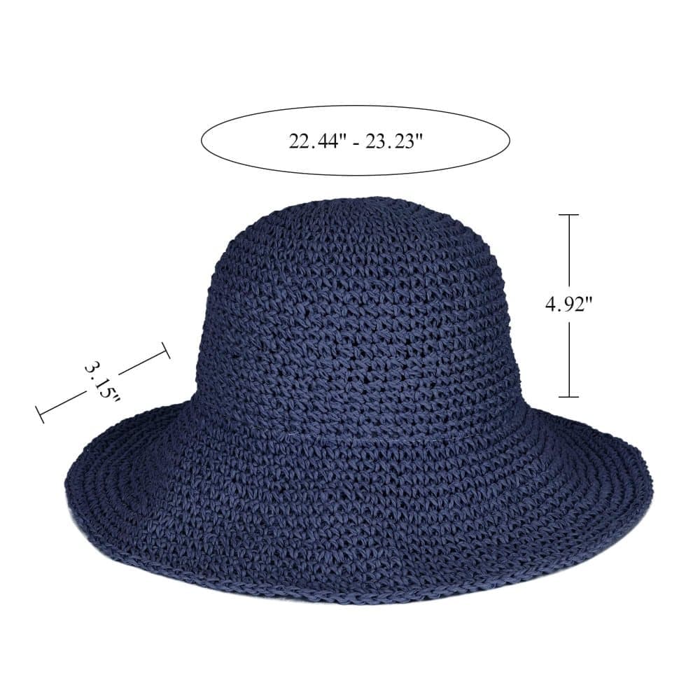 Women's Foldable Sun Hat Braided Wide Brim Beach Hat, Light and Breathable, 57-59 cm, Dark Blue
