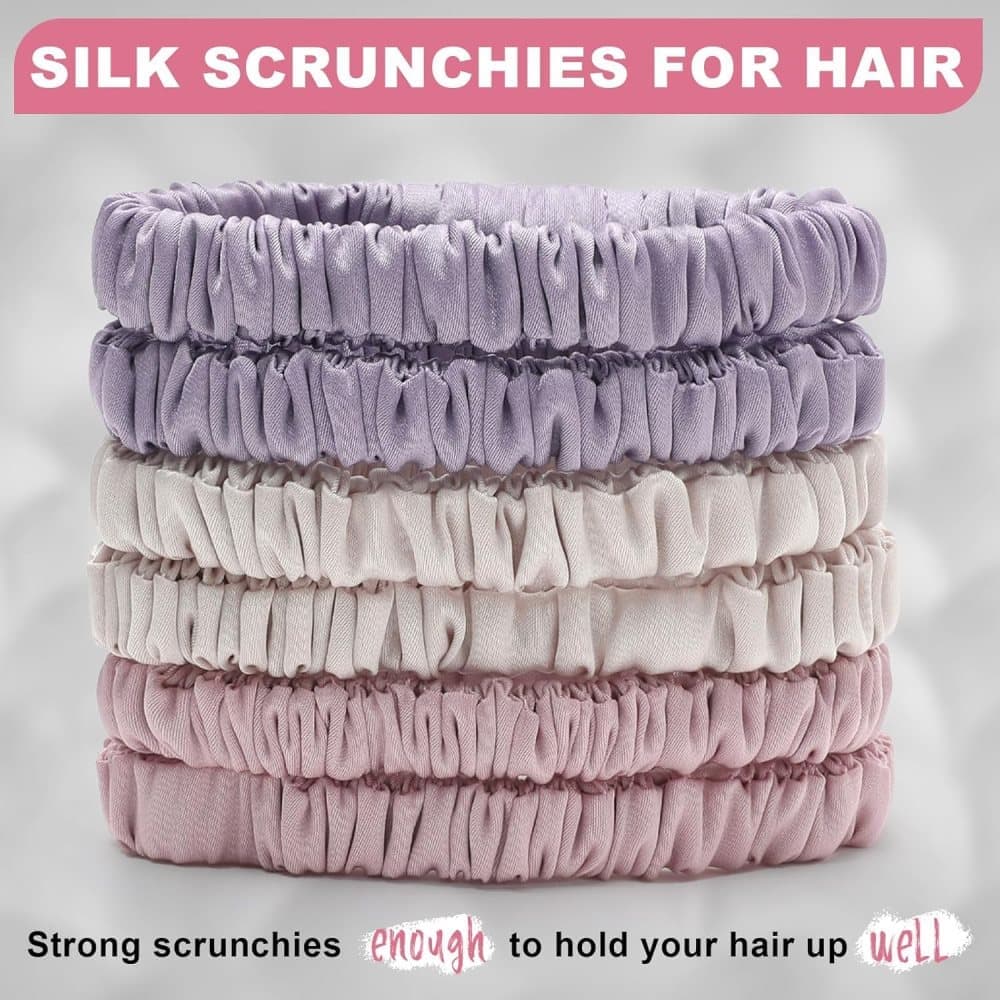 6-Pack Silk Scrunchies Hair Bands 100% Mulberry Silk Gentle No Damage High Elasticity, 16 Momme