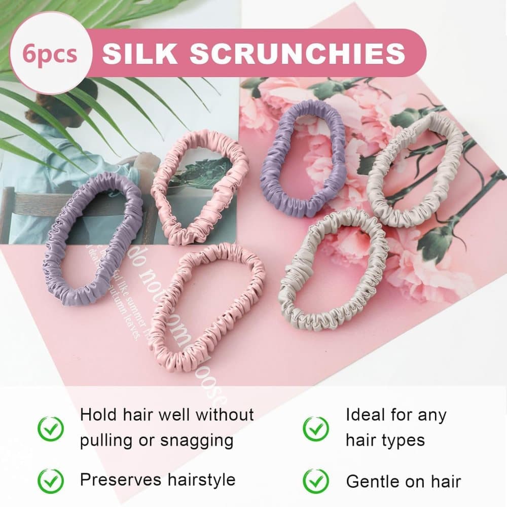 6-Pack Silk Scrunchies Hair Bands 100% Mulberry Silk Gentle No Damage High Elasticity, 16 Momme