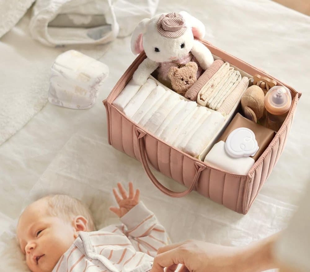 Breathable Water Resistant Baby Diaper Storage Basket Dark Pink, Large Capacity, Perfect for Home and Travel