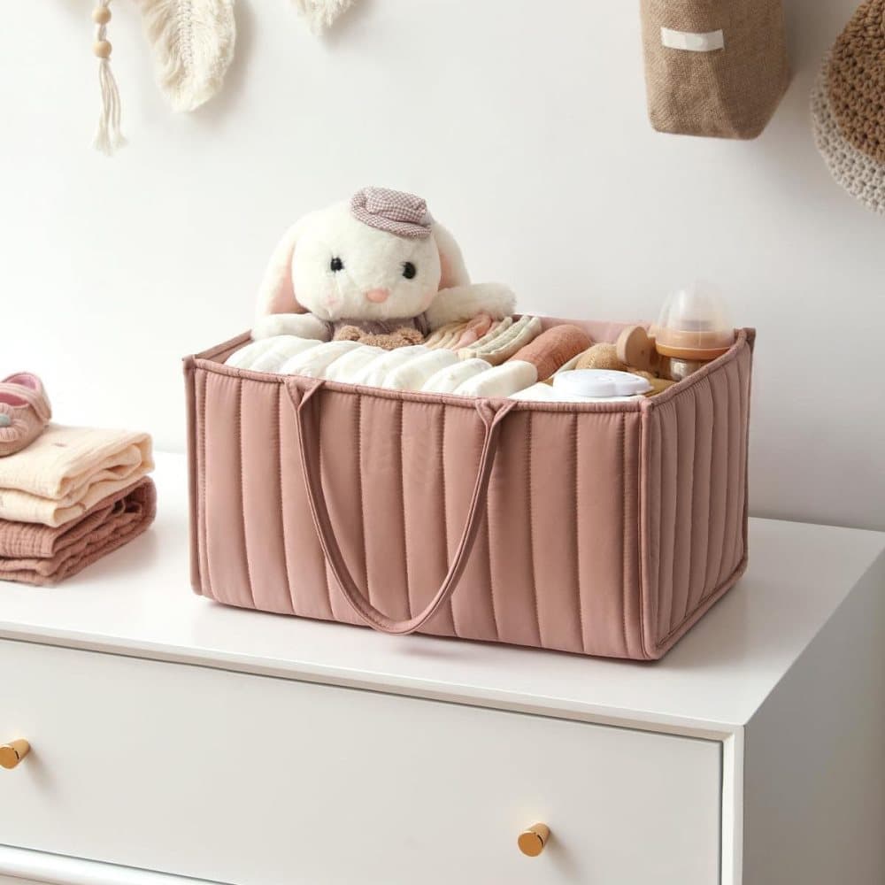 Breathable Water Resistant Baby Diaper Storage Basket Dark Pink, Large Capacity, Perfect for Home and Travel
