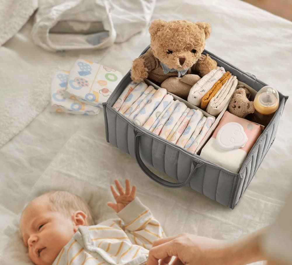 Baby Diaper Storage Basket Multifunctional Large Capacity Breathable Water Resistant for Home and Travel, Gray