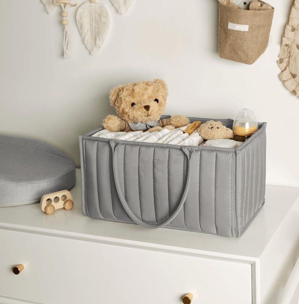 Baby Diaper Storage Basket Multifunctional Large Capacity Breathable Water Resistant for Home and Travel, Gray
