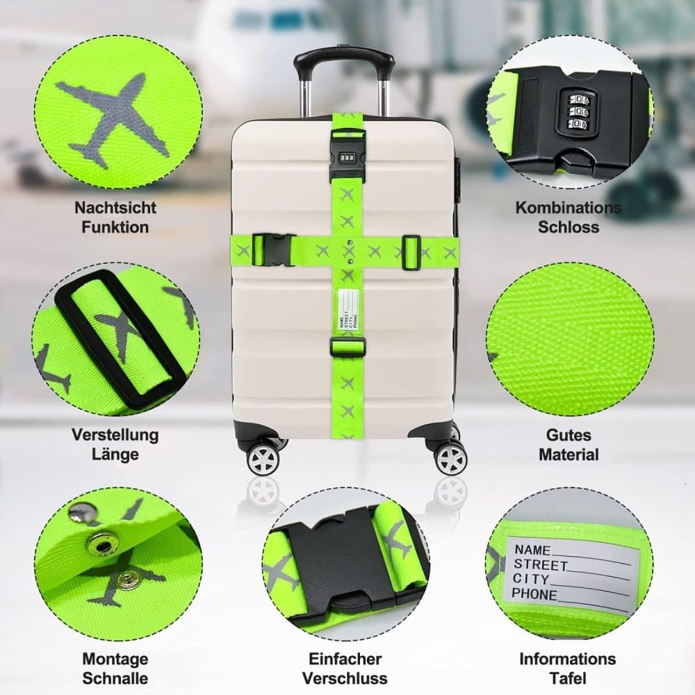 2-Pack Reflective Luggage Strap with Combination Lock for Suitcase, Green, Fits Most Sizes