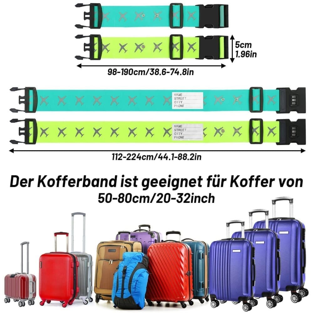 2-Pack Reflective Luggage Strap with Combination Lock for Suitcase, Dark Blue, Fits Most Sizes