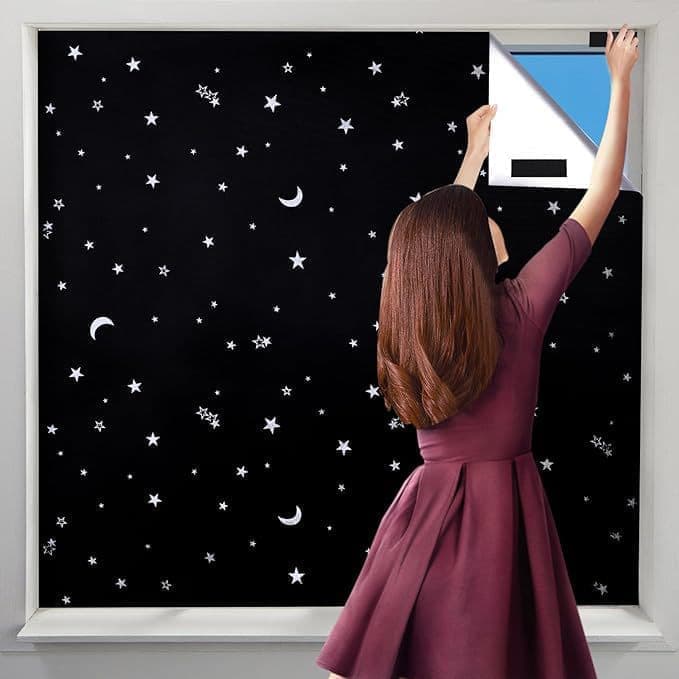 Blackout Curtain DIY Portable No-Drill UV Protection, Star and Moon Print, 145×100cm