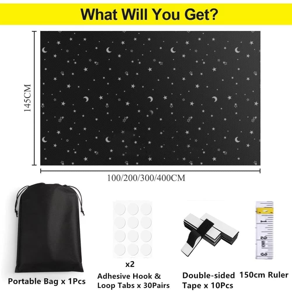 Blackout Curtain DIY Portable No-Drill UV Protection Star and Moon Print, 145×300cm