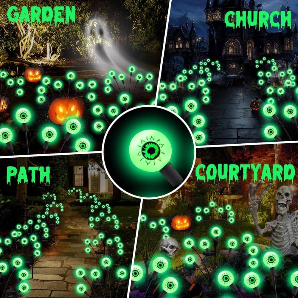4-Pack Solar Halloween Eye Lights for Garden and Patio Decoration, Waterproof, 1/4, Green