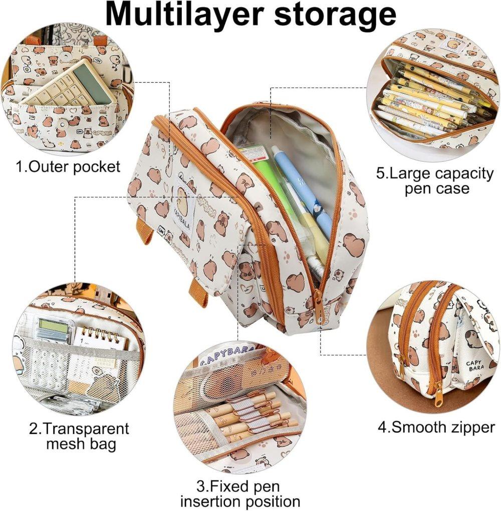 50 Pens Pencil Case Capybara, Multifunctional Polyester Compartment