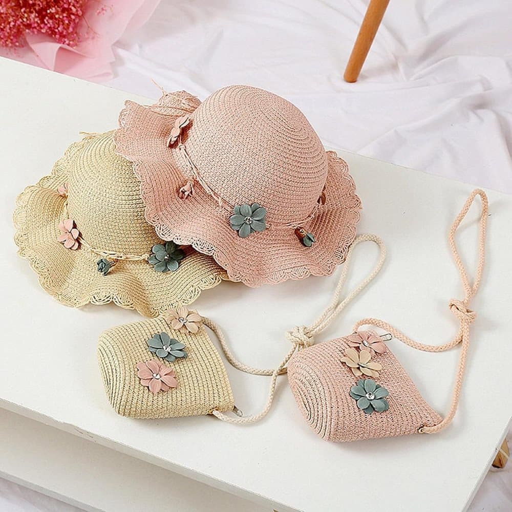 Girls Straw Hat and Shoulder Bag Set for Summer Beach Travel Outdoor Play, Pink